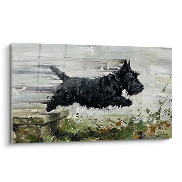 Cuadro de Perro Negro Saltando en la Espuma Marina - Impulso Salvaje - Edición Scottish Terrier