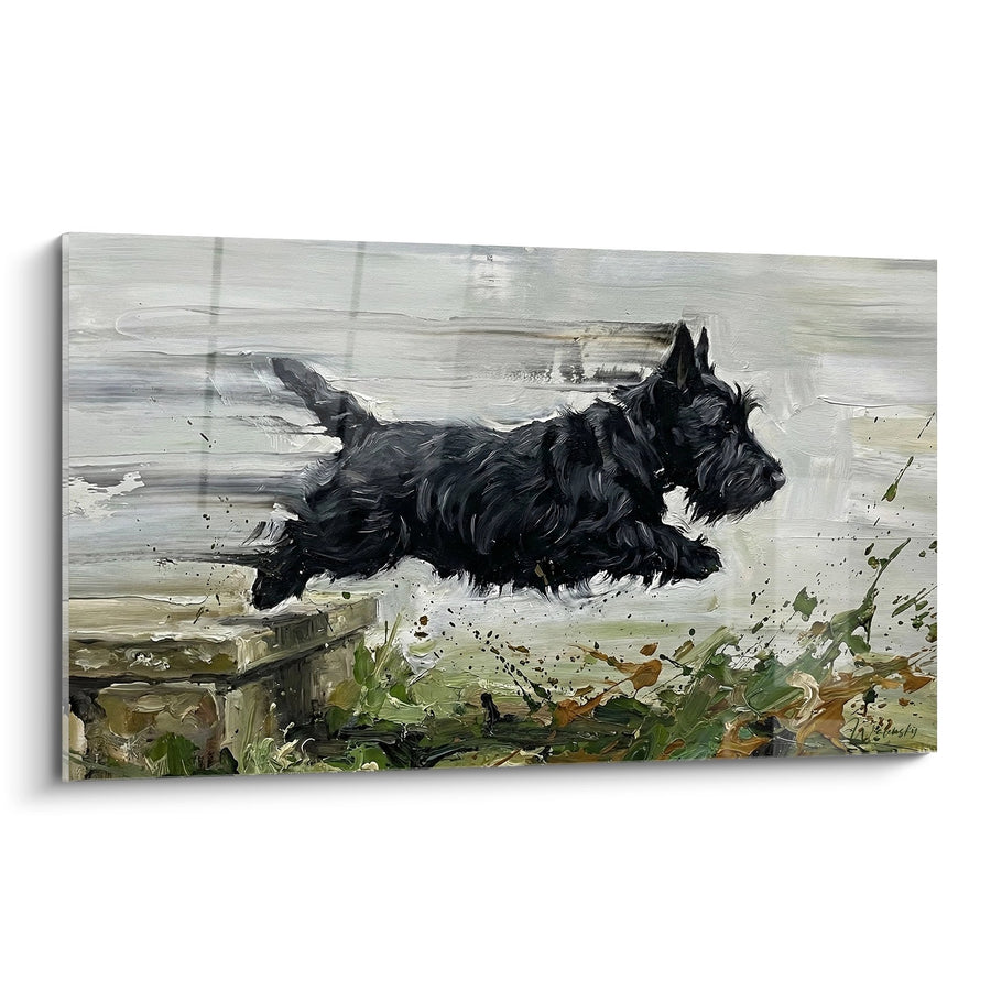 Tableau Chien Noir Bondissant dans l'Écume Marine - Élan Sauvage - Edition Scottish Terrier