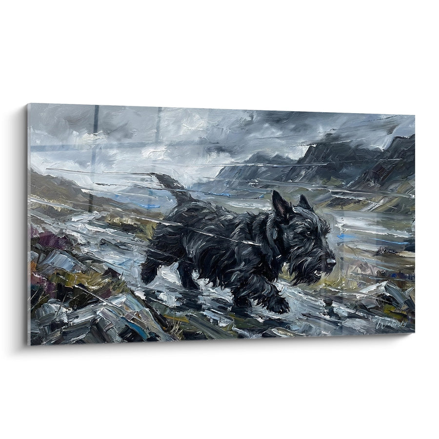 Tableau Scottish Terrier Noir dans un Paysage Écossais Tourmenté - Tempête Highland - Edition Scottish Terrier