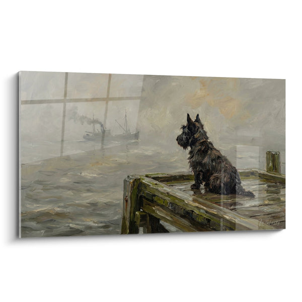 Cuadro de Scottish Terrier en Muelle de Pesca en la Niebla - Espera Nostálgica - Edición Scottish Terrier