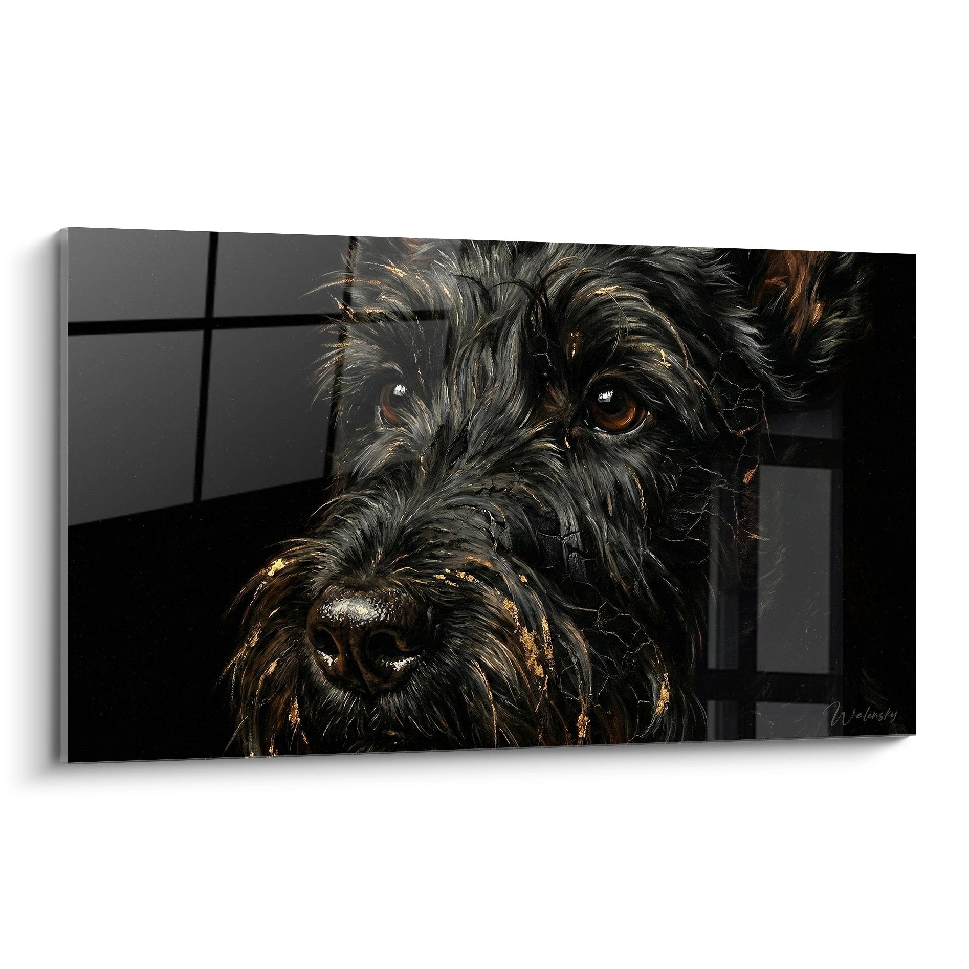 Portrait Scottish Terrier pelage noir reflets dores yeux ambres tableau mural art canin
