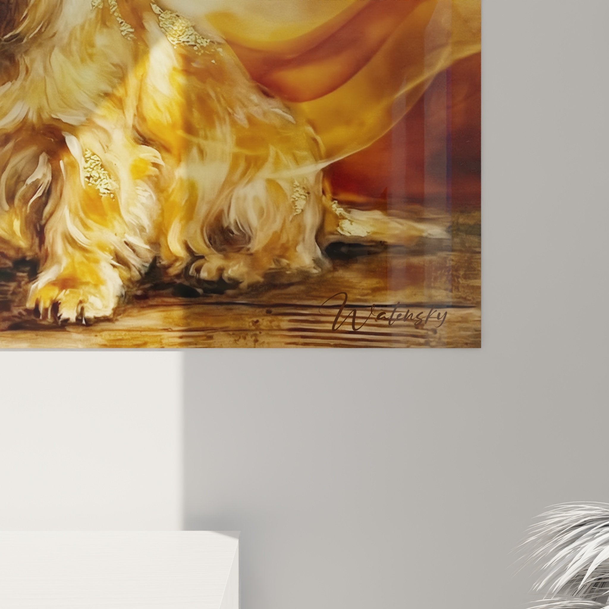 Vue d ensemble tableau Scottish Terriers dans salon cosy avec effets lumineux ambre et atmosphere chaleureuse