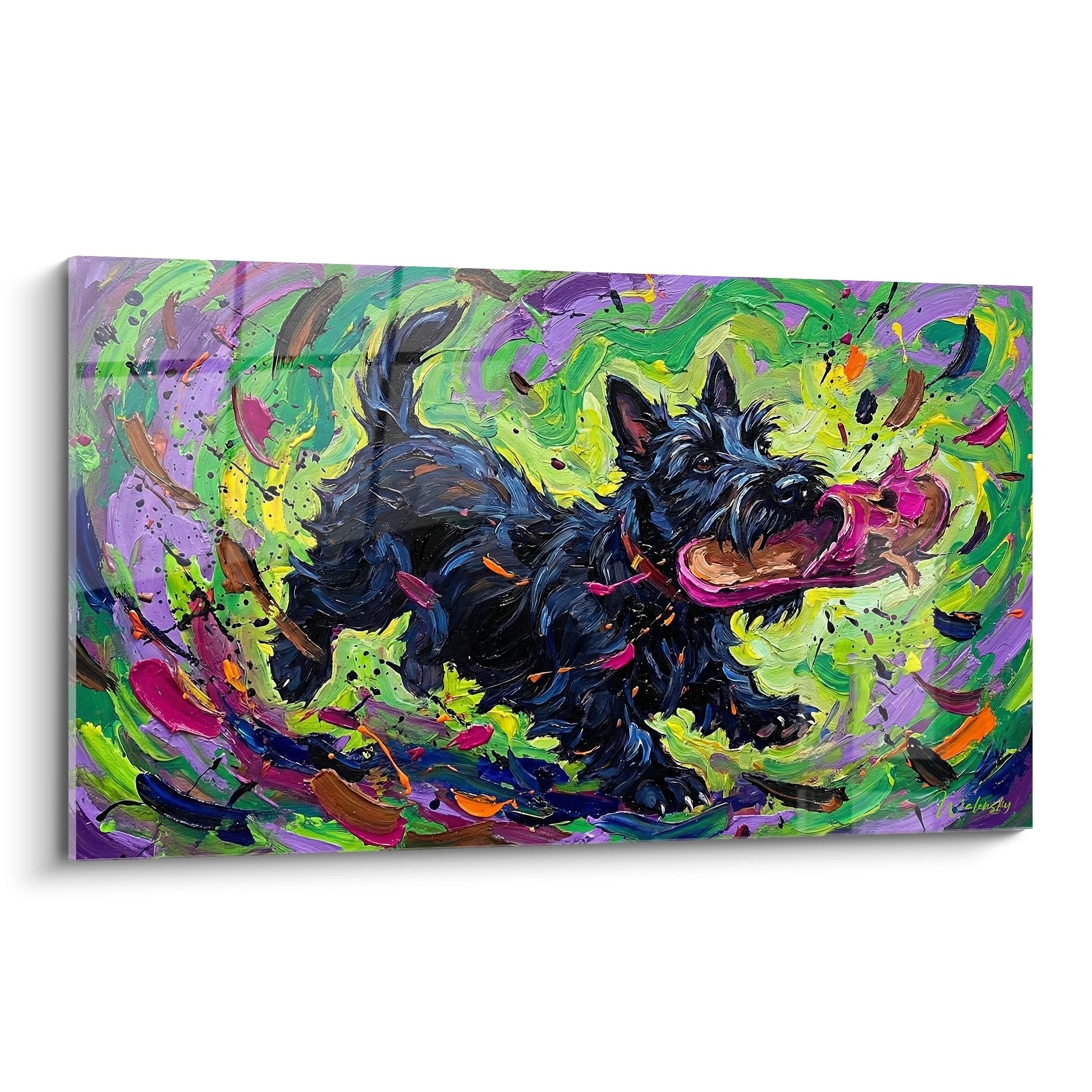 Scottish terrier noir dans tourbillon de couleurs vives vert violet rose - art contemporain expressionniste canin