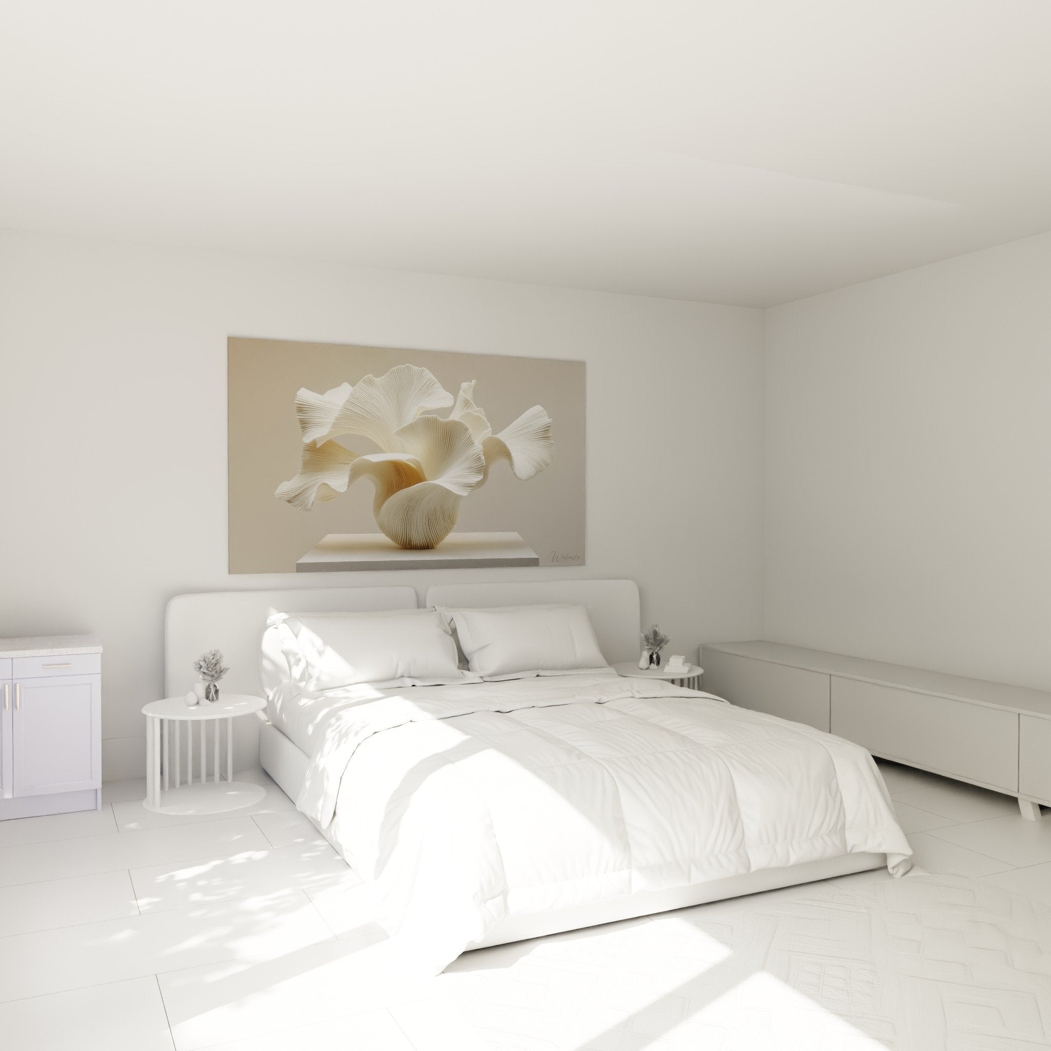 Textured white floral sculpture in minimalist modern bedroom contemporary wall art ikebana
