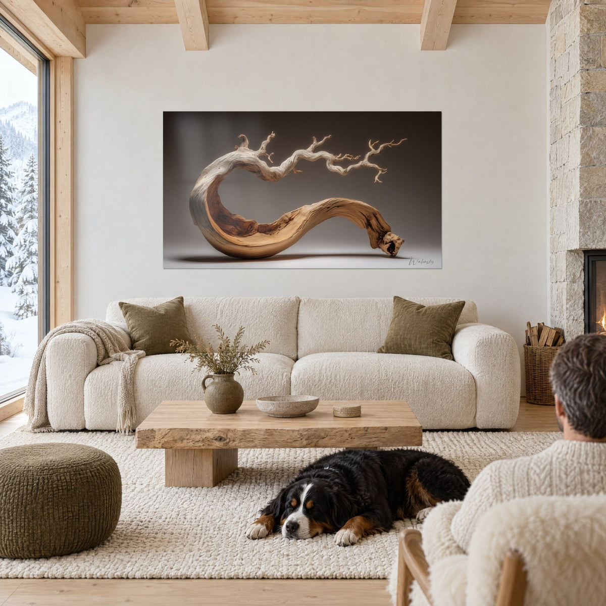 Wall art spiral-carved root, light wood and honey brown, thin branches, above a sofa in a bright living room