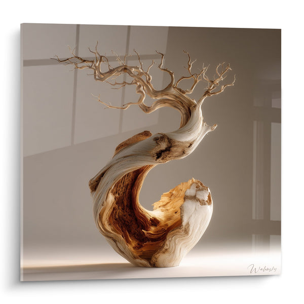 Houten Sculptuur Gedraaid Hout met Delicate Takken en Goudtinten - Natuurlijke Elegantie - Editie Ikebana