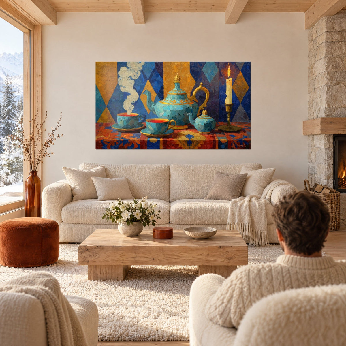 Wall art ornate turquoise and gold teapot, white steam and candle, above a sofa in a bright living room
