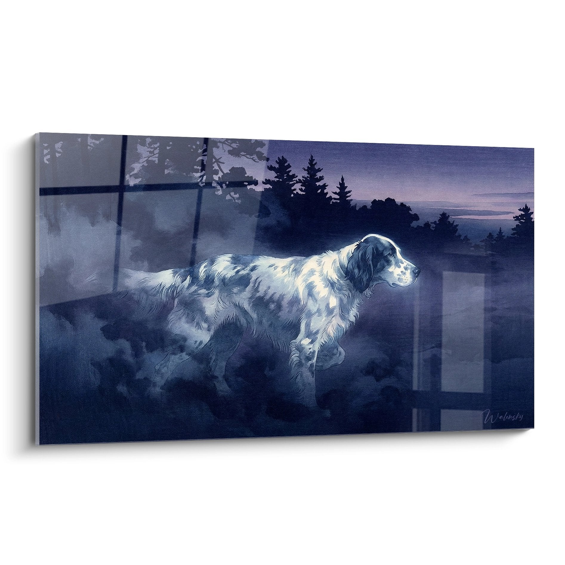 Tableau setter anglais blanc contemplatif derrière fenêtre au crépuscule tons bleus profonds forêt conifères