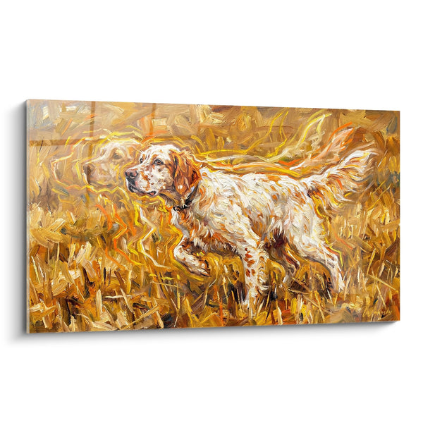 Cuadro de Perro Blanco y Naranja en Pradera Dorada - Movimiento y Armonía - Edición Setter Inglés