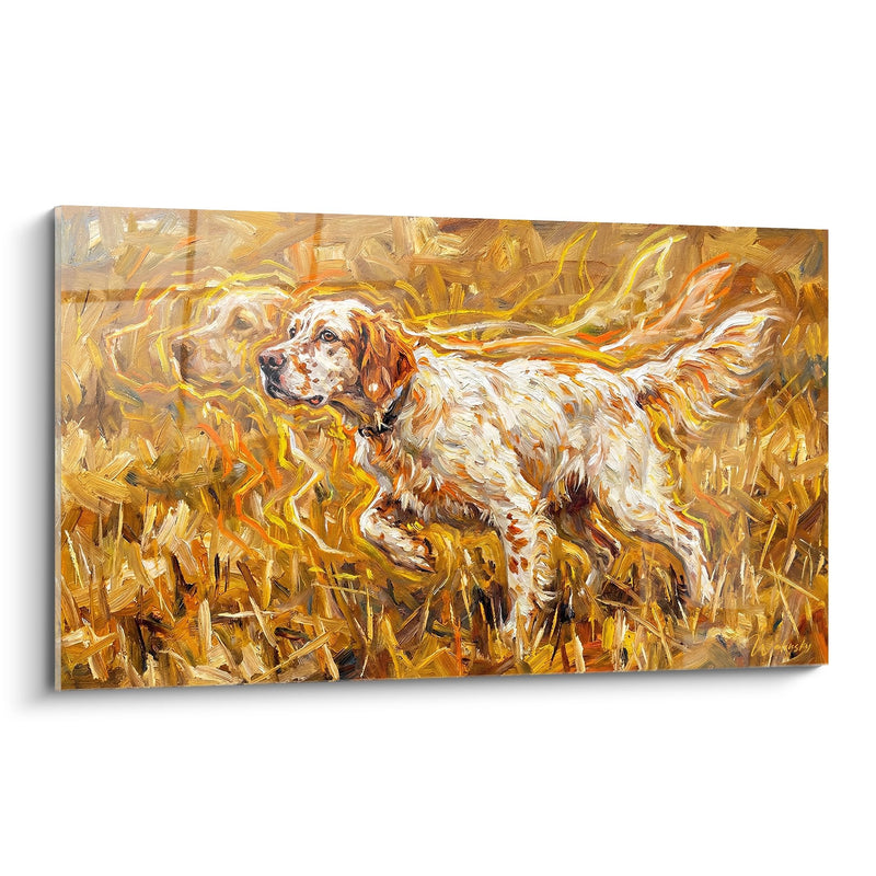 Tableau Chien Blanc et Orange dans Prairie Dorée - Mouvement et Harmonie - Edition Setter Anglais