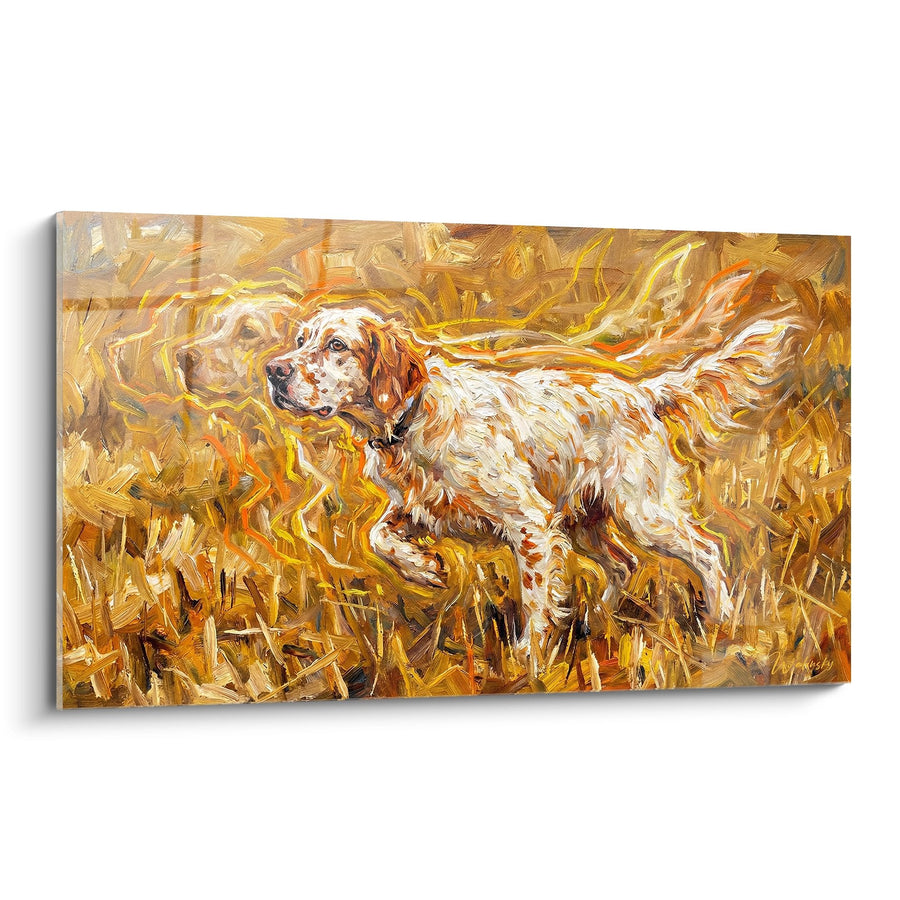 White and Orange Dog Painting in Golden Prairie - Movement and Harmony - English Setter Edition