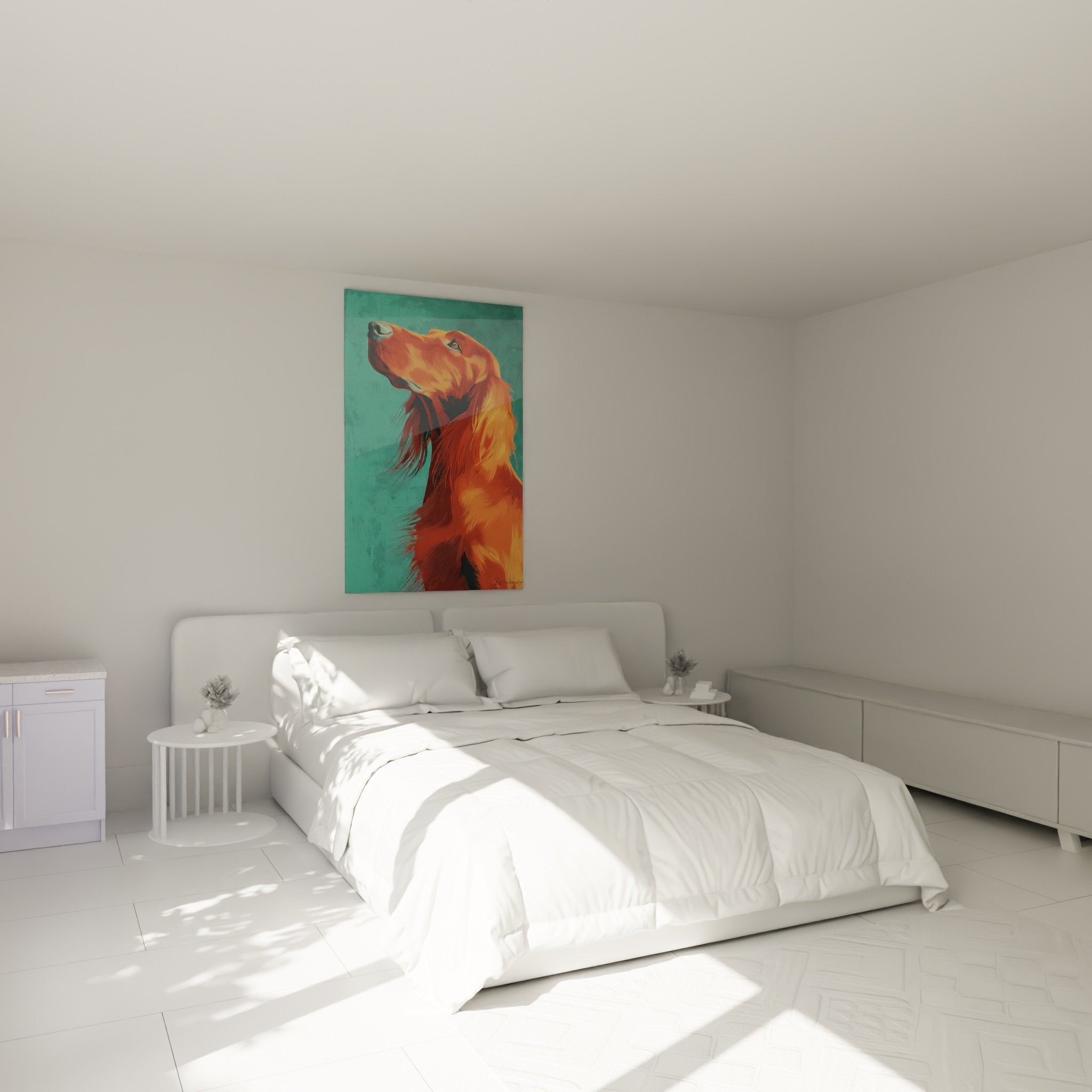 Portrait setter irlandais roux dans chambre moderne mur blanc decoration murale chaleureuse