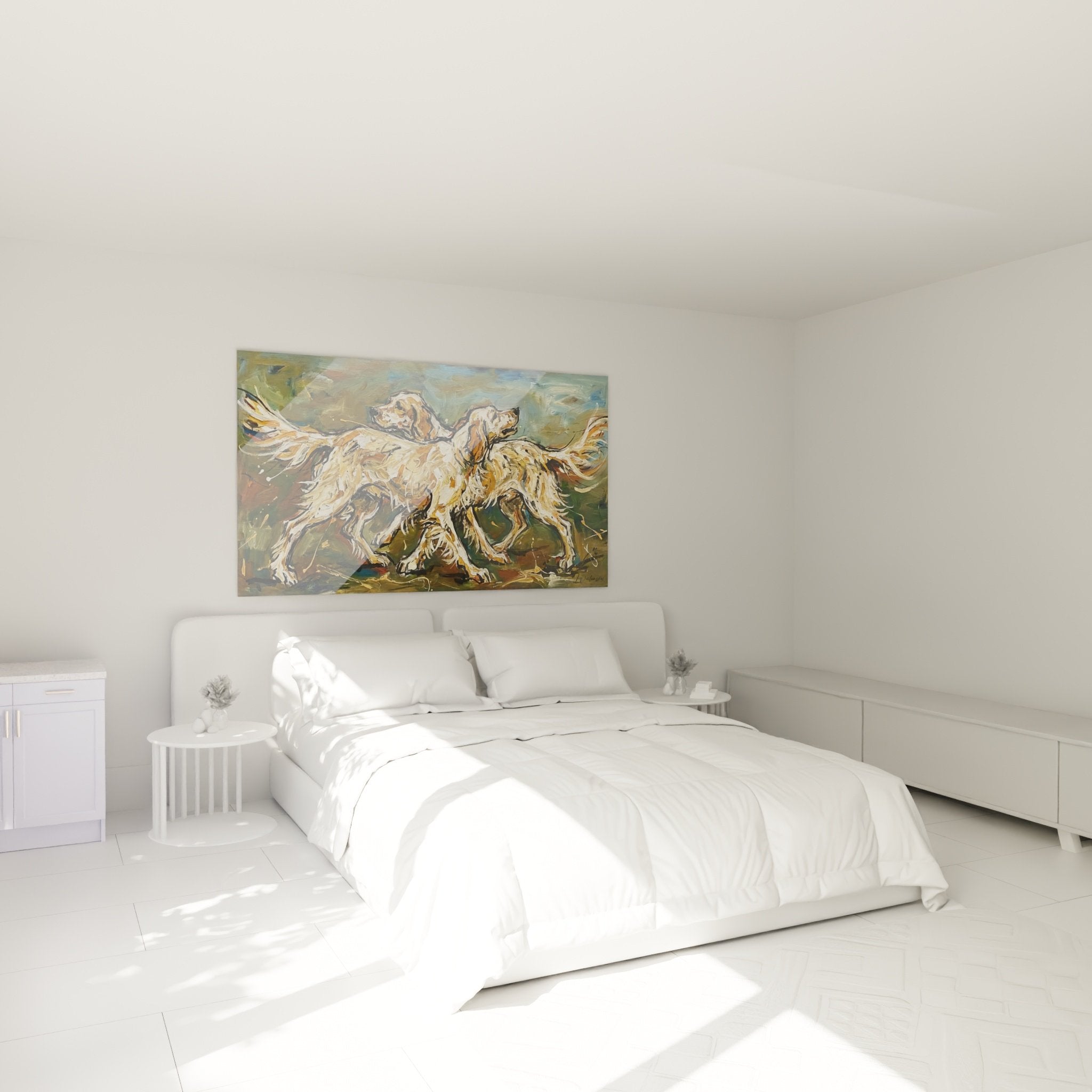 Tableau setters anglais mouvement dans chambre decoration murale art animalier tons chauds ambiance cosy
