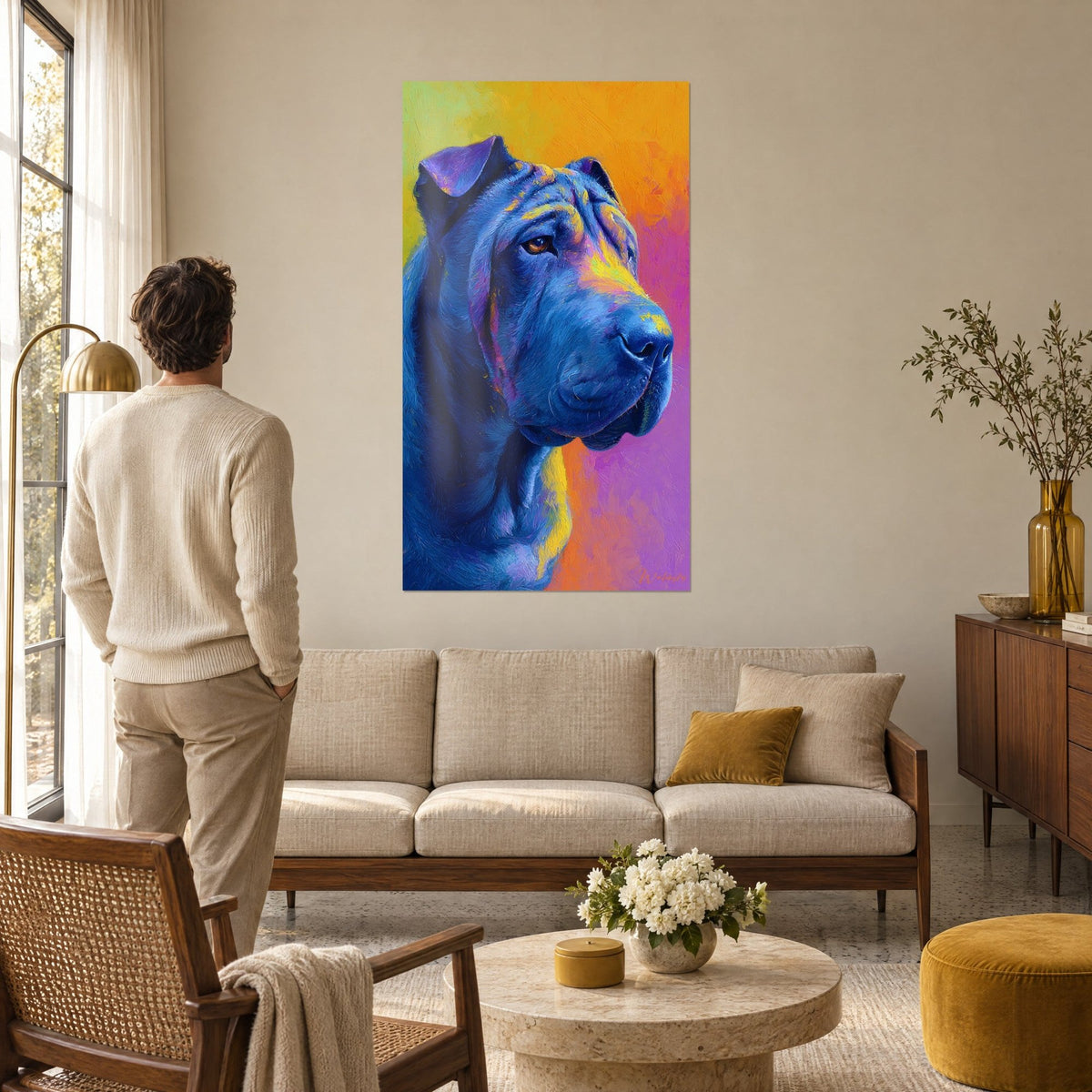 Tableau portrait de shar-pei aux plis bleu cobalt sur fond orange et jaune, homme de dos, au-dessus d'un canapé dans un salon lumineux