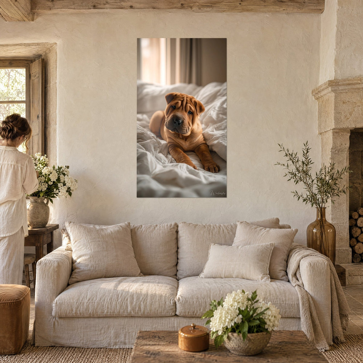 Πίνακας κουτάβι shar pei κόκκινο με τσαλακωμένες πτυχές, ξαπλωμένο σε λευκό λινό ύφασμα, κρεμασμένος πάνω από έναν καναπέ σε ένα φωτεινό σαλόνι