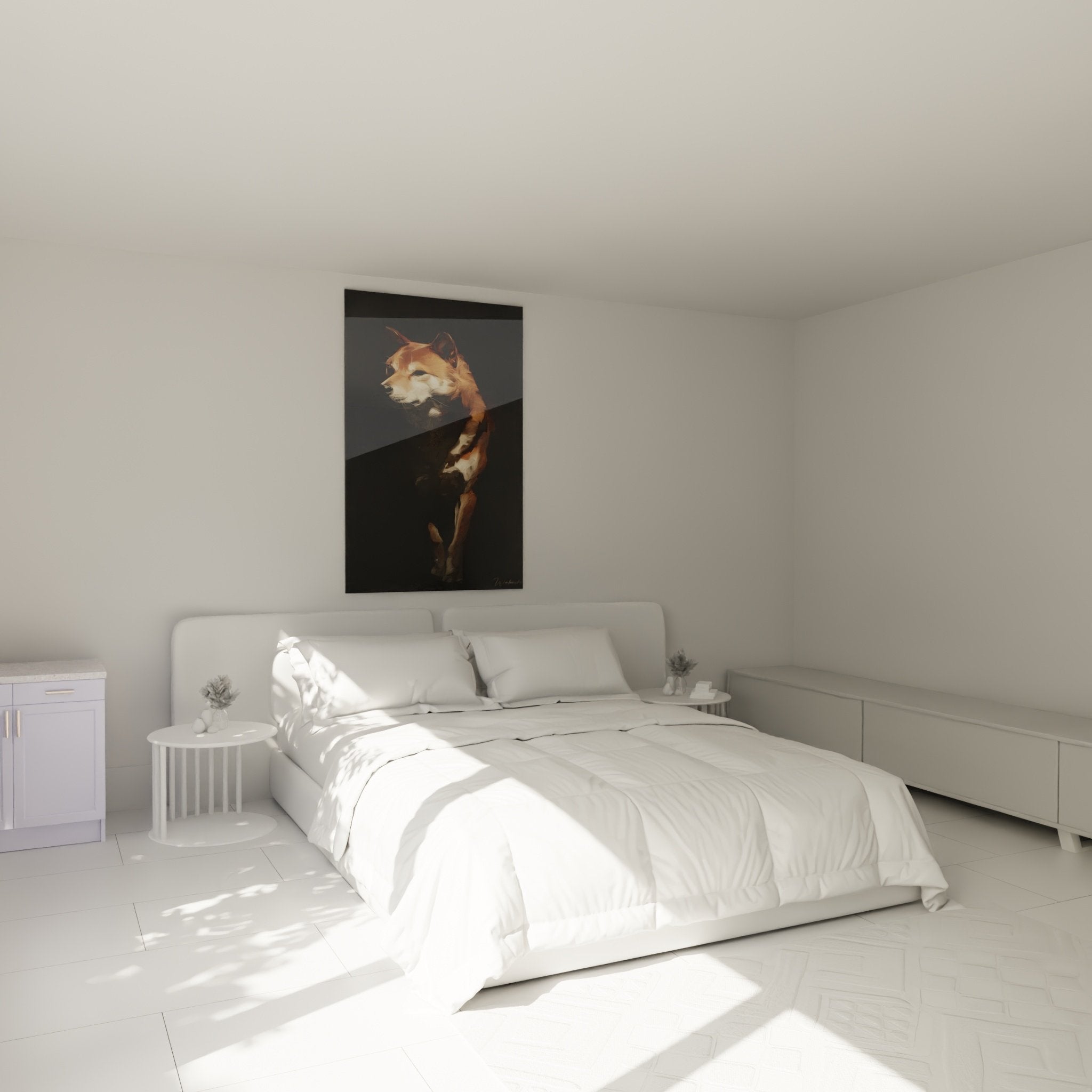 Tableau Shiba Inu en costume dans chambre moderne, décoration murale chien roux sur mur gris