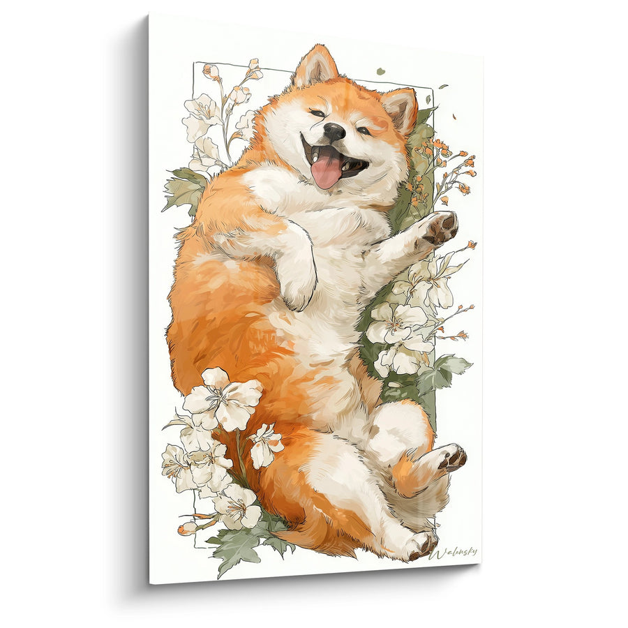 Obraz Shiba Inu Szczęśliwego z Białymi Kwiatami - Pieskie Szczęście - Edycja Shiba Inu