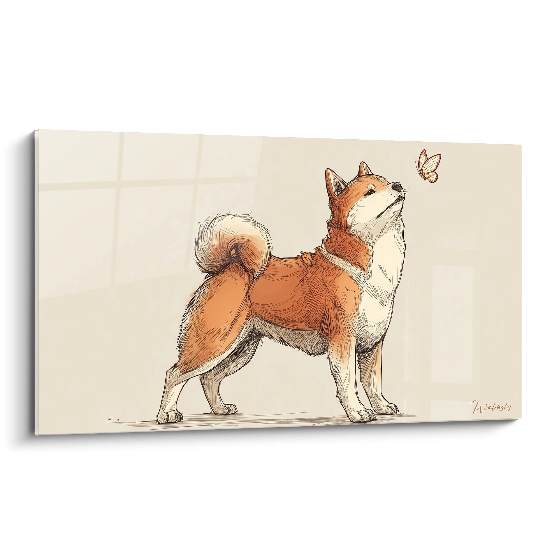 Illustration d'un Shiba Inu roux et blanc regardant vers un papillon sur fond beige clair