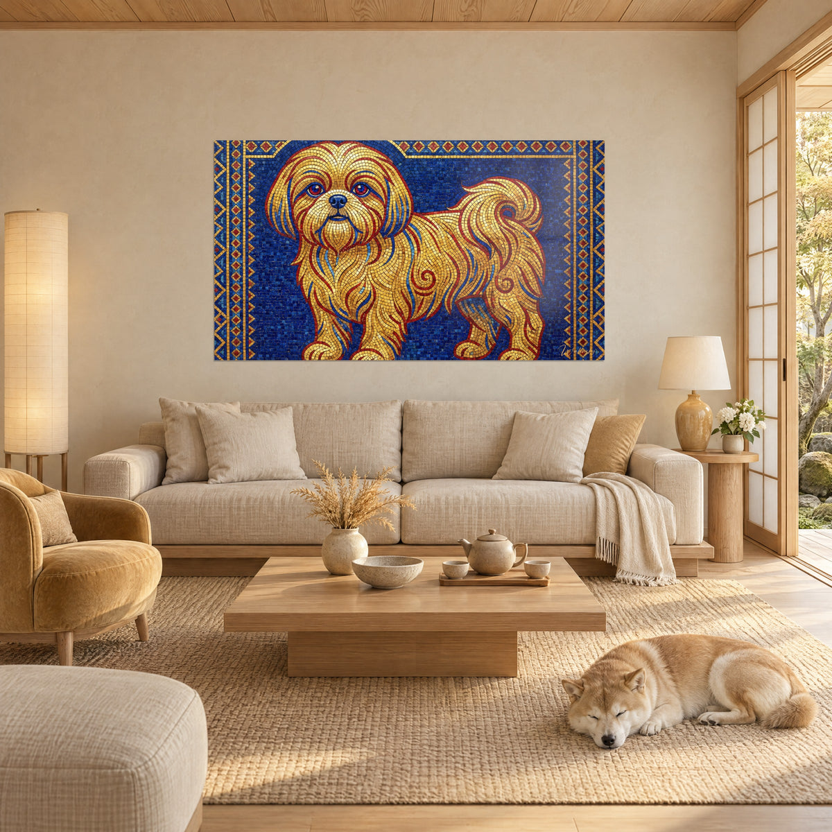 Cuadro Shih Tzu en mosaico dorado sobre fondo azul real, pelo rizado ribeteado de rojo, Shiba dormido sobre un sofá en un salón luminoso