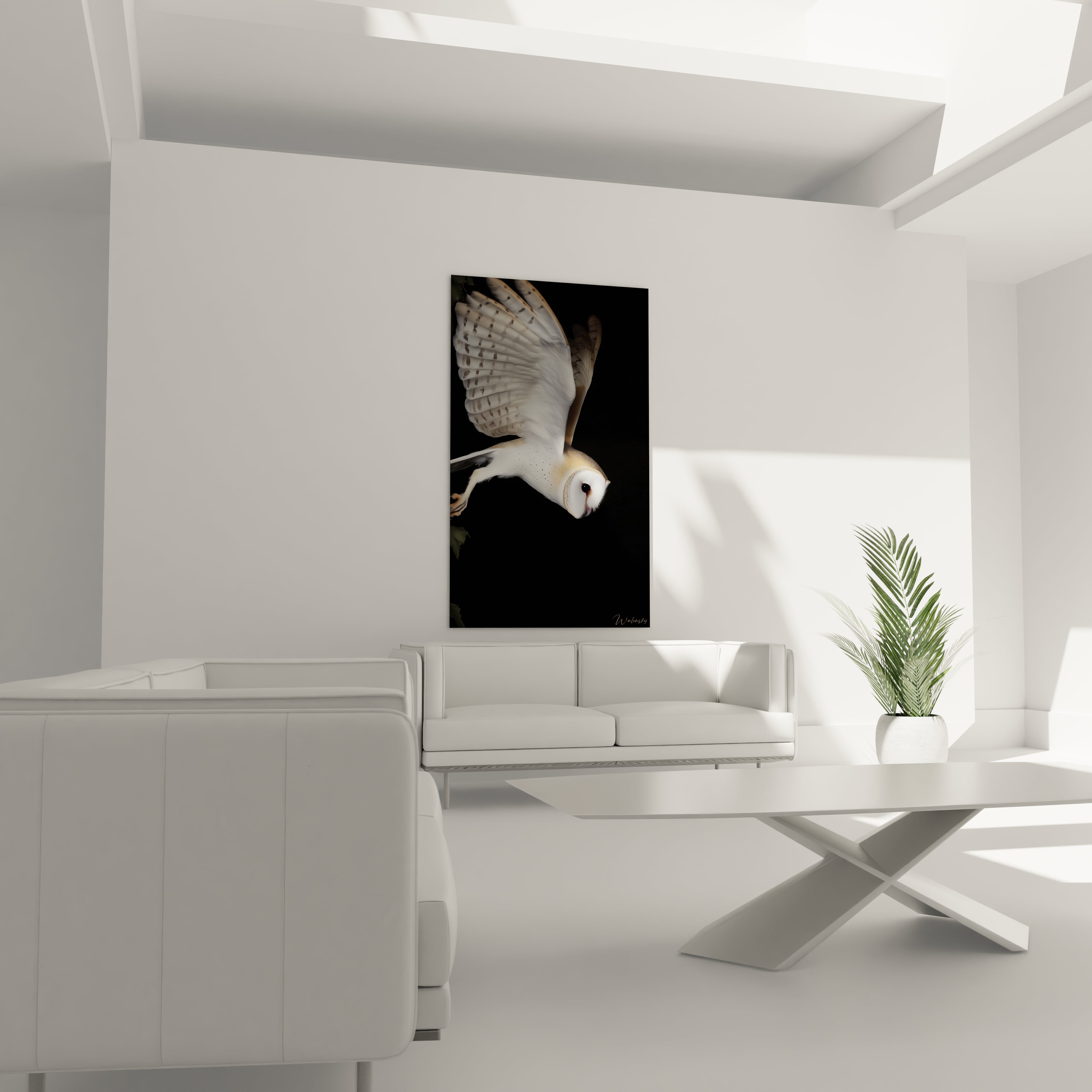 Tableau chouette de Walensky avec une chouette en vol sur fond noir pour décoration moderne