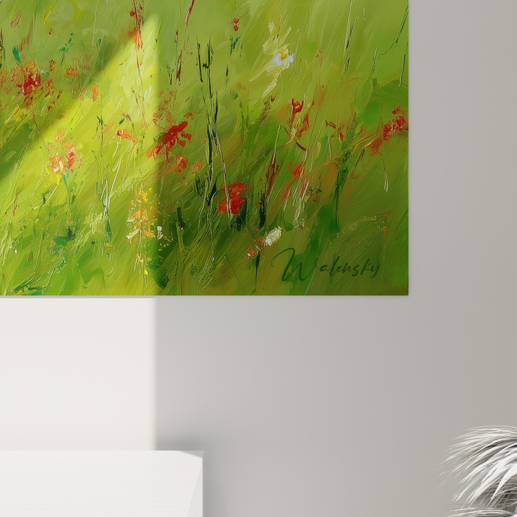 Quadro in situazione Briard prato fiorito - arte murale decorativa toni verdi natura