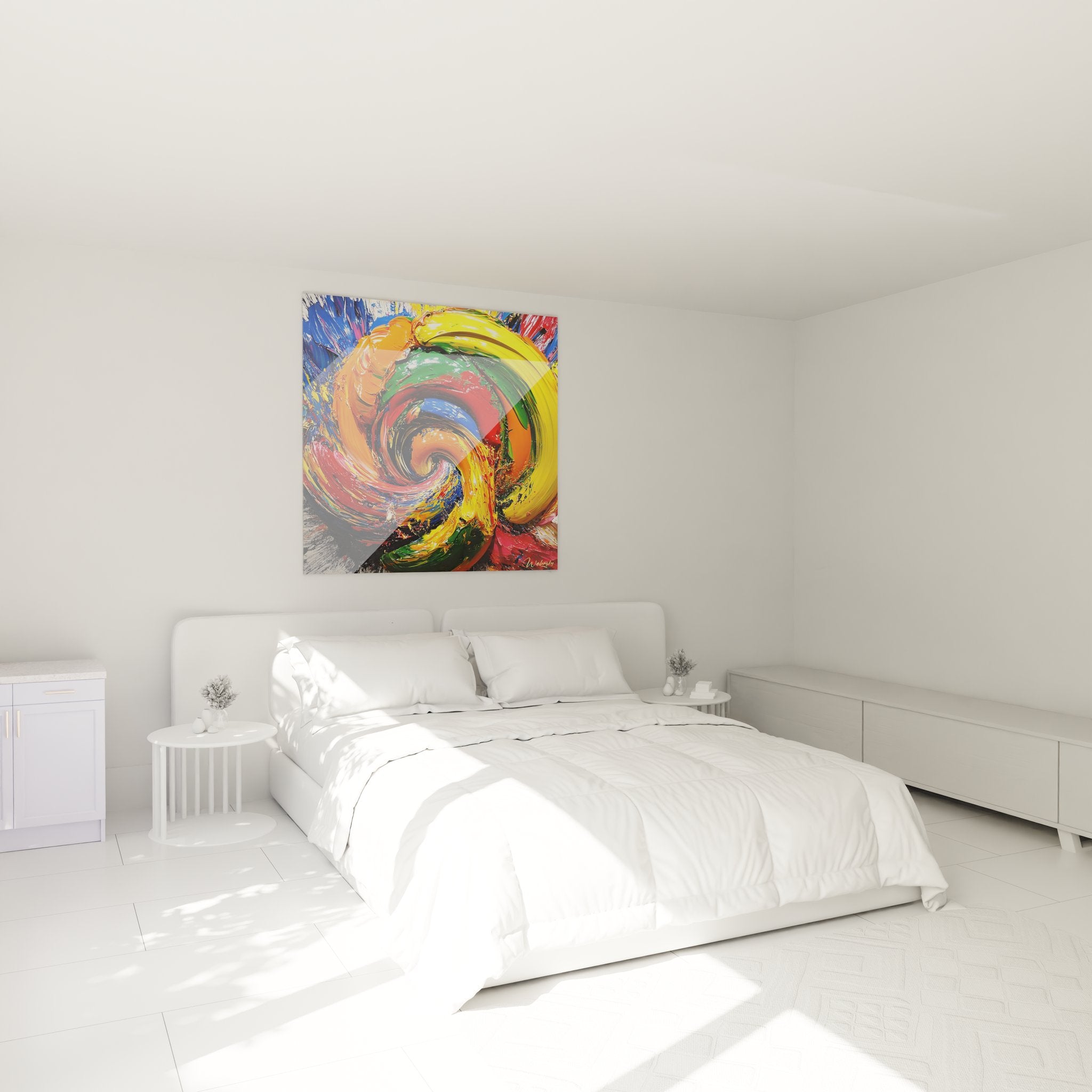 Tableau spirale abstrait dans chambre moderne, décoration murale colorée ambiance contemporaine