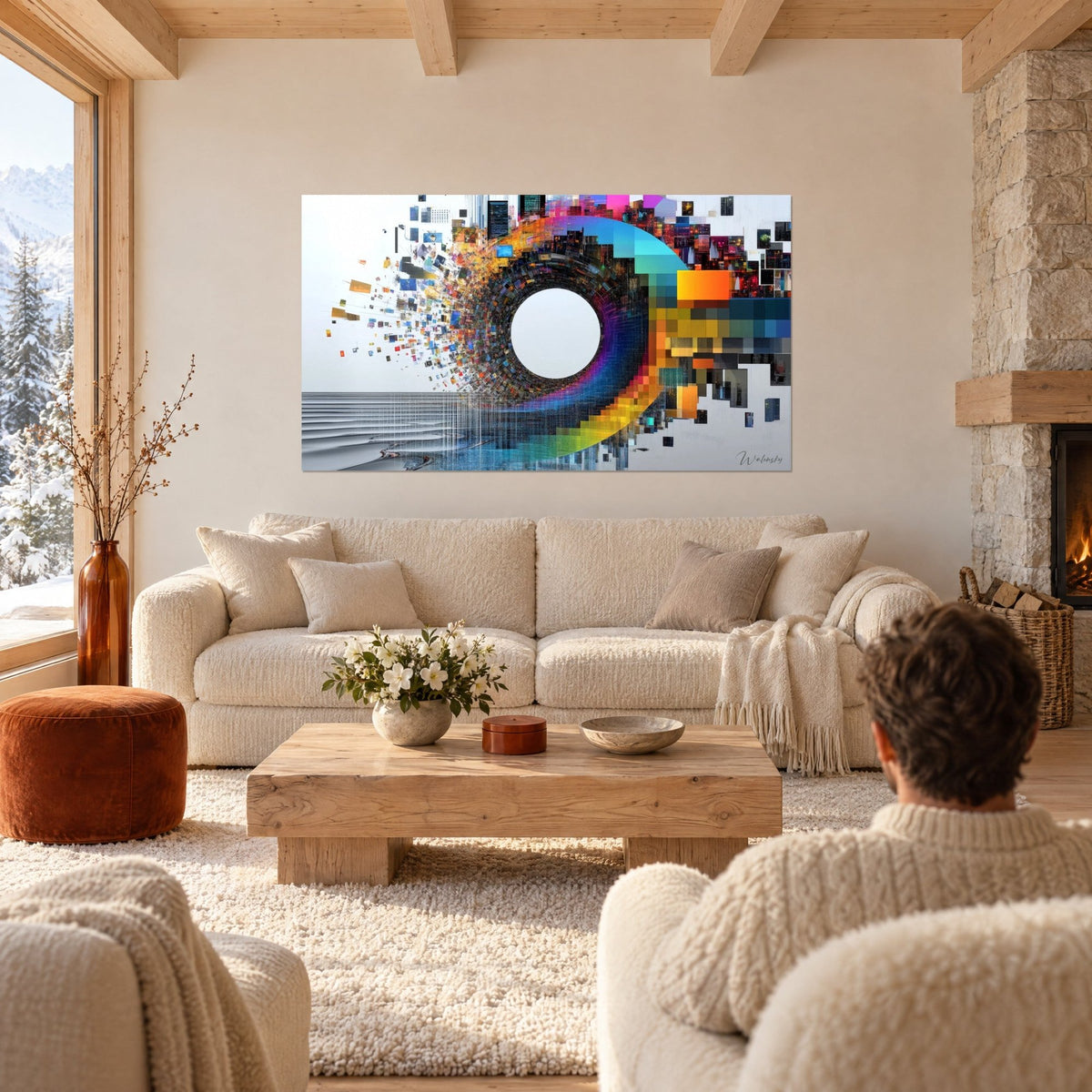 Wall art of a ring of shattered pixels in vivid cyan blue and orange, white central disc, above a sofa in a bright living room