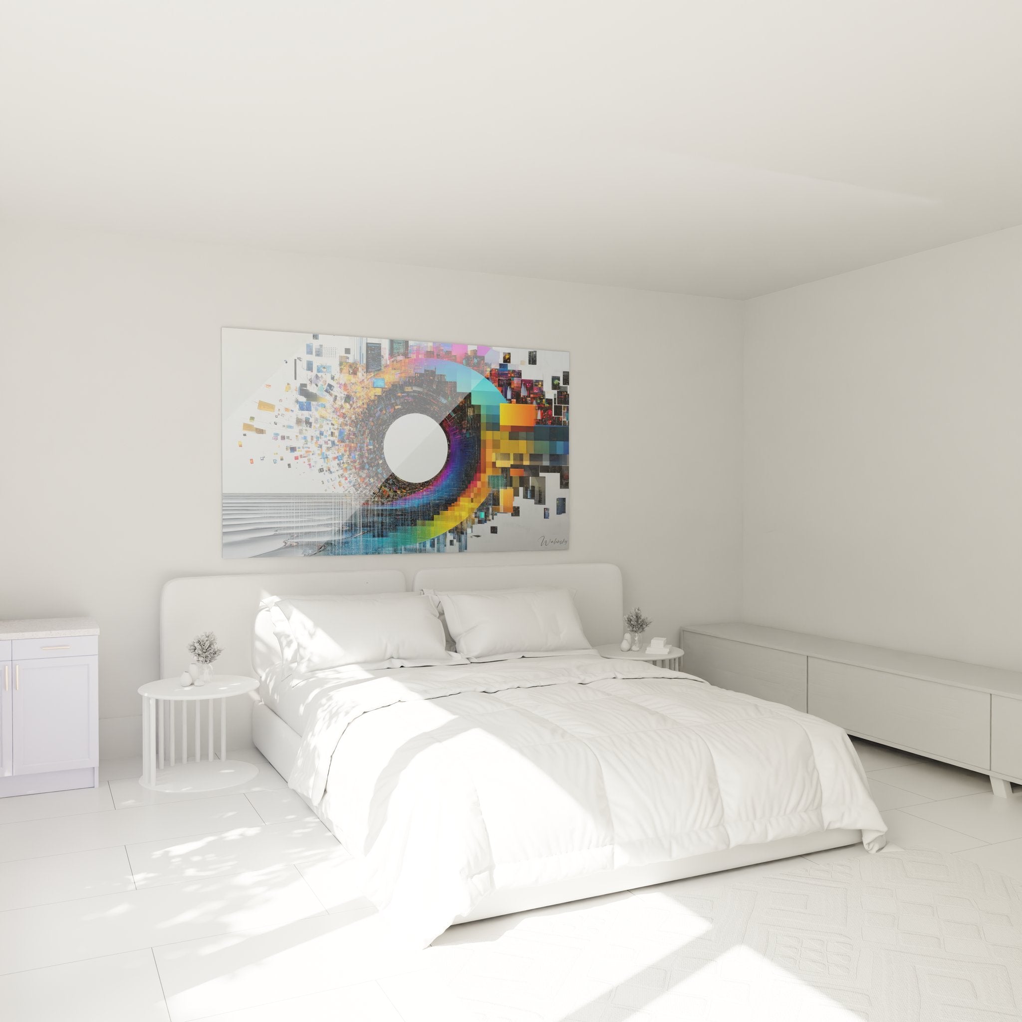 Tableau spirale abstraite digitale dans ambiance chambre moderne avec décoration contemporaine