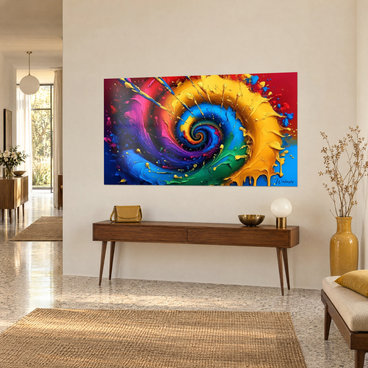 Wall art swirl of colored paste, turquoise heart, yellow and carmine red edges, on a wooden console, three-quarter view