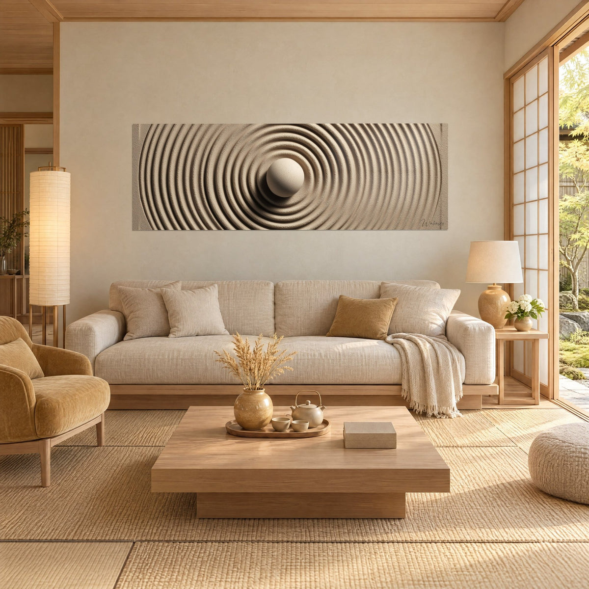 Wall art with a pale stone sphere ringed by wavy lines of beige and brown sand, hanging above a sofa in a bright living room