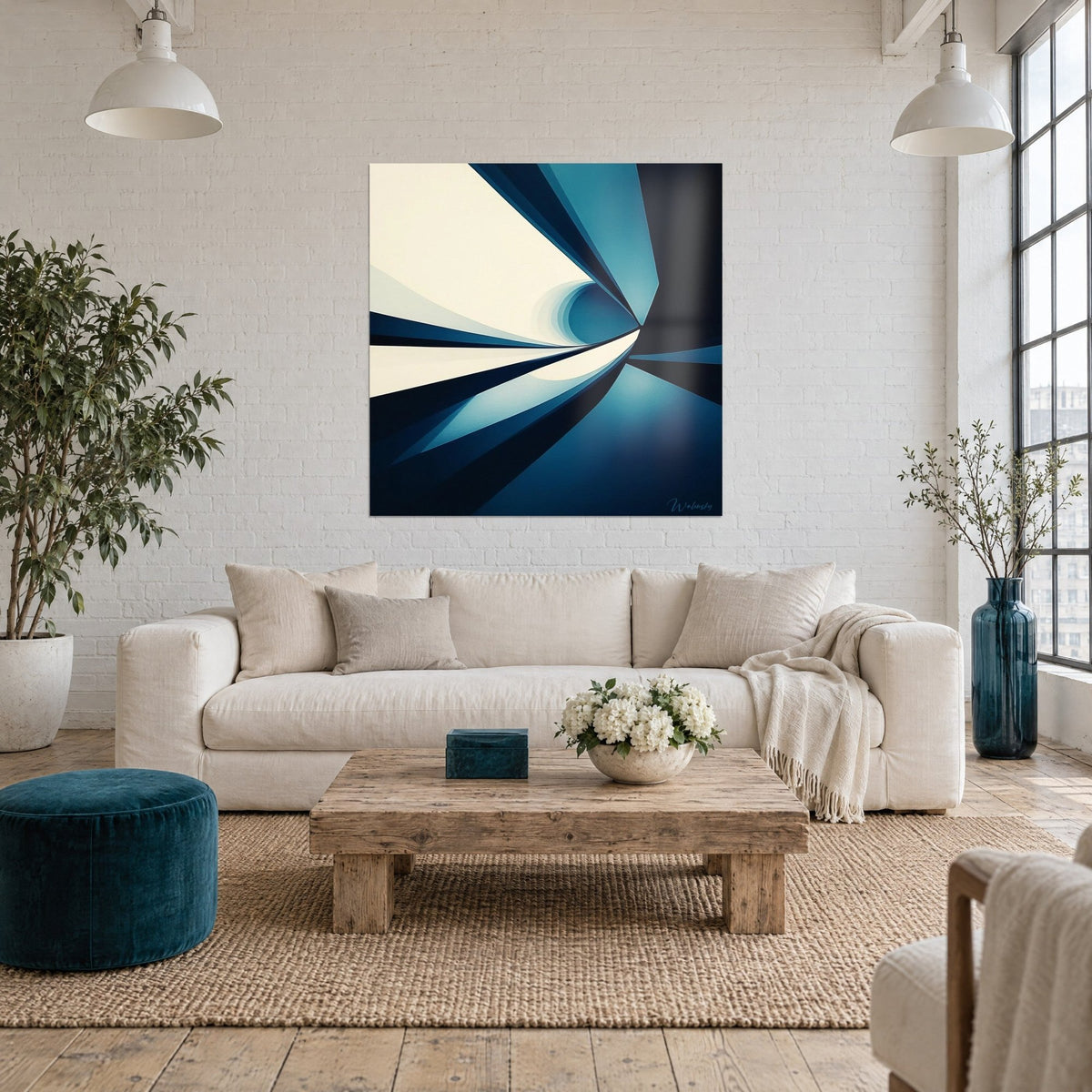 Gemälde Dynamisches Spiralgemälde mit petrolblauen und cremefarbenen Lamellen, dunkle Mulde in der Mitte, über einem Sofa in einem hellen Wohnzimmer