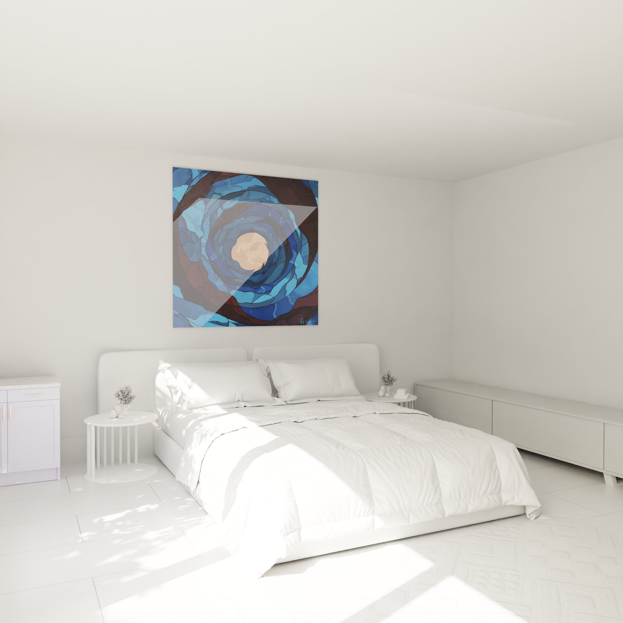 Tableau spirale bleue dans chambre moderne - décoration murale contemporaine avec vortex cosmique