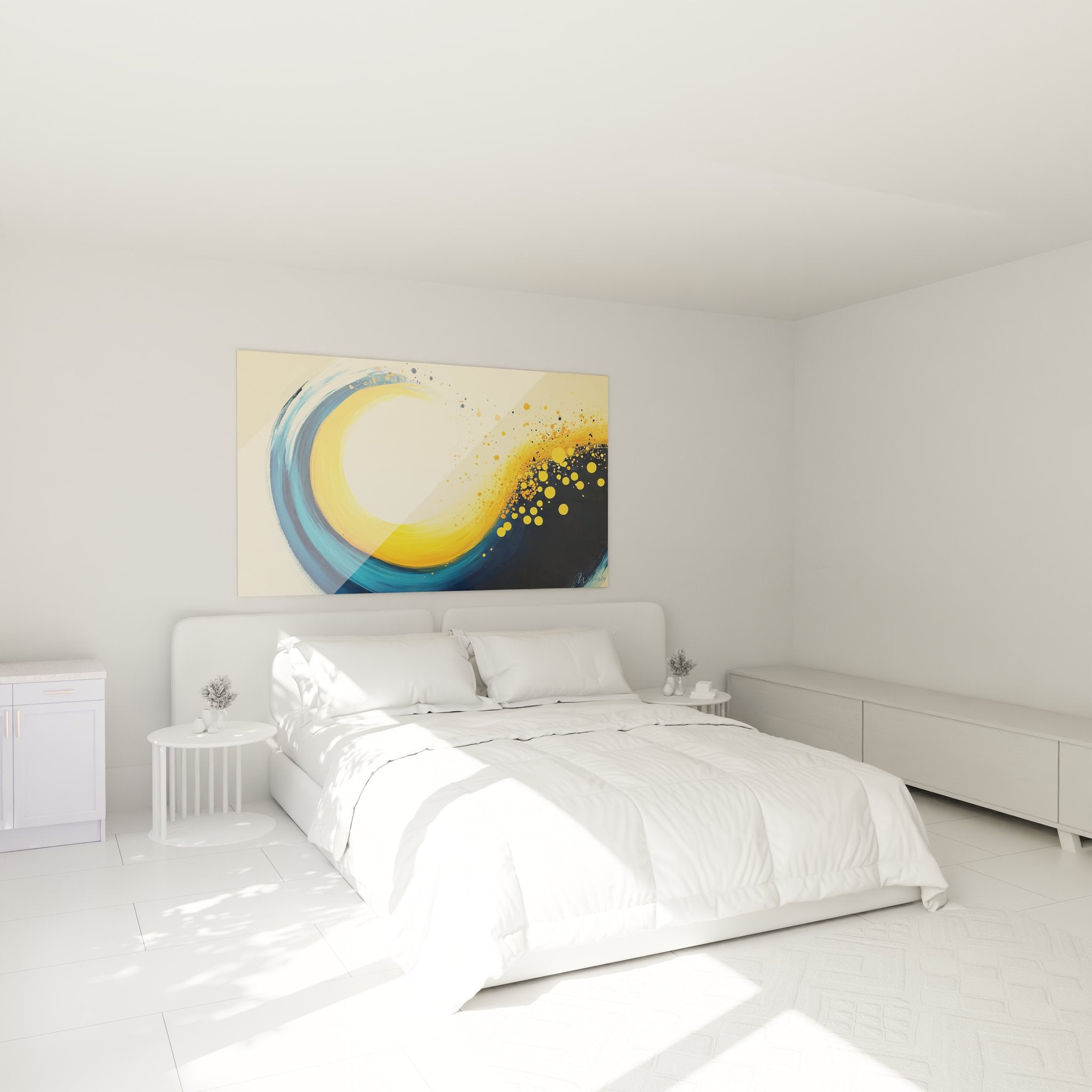 Tableau mural spirale dorée dans ambiance chambre moderne et élégante