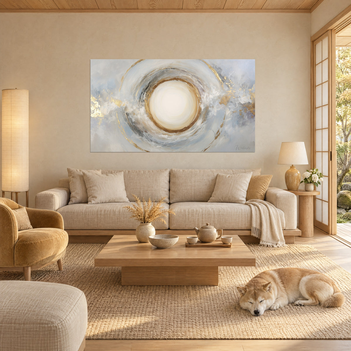 Gemälde mit goldener Spirale auf perlgrauem Grund, cremefarbene Scheibe mit Goldrand, schlafender Shiba, über einem Sofa in einem hellen Wohnzimmer