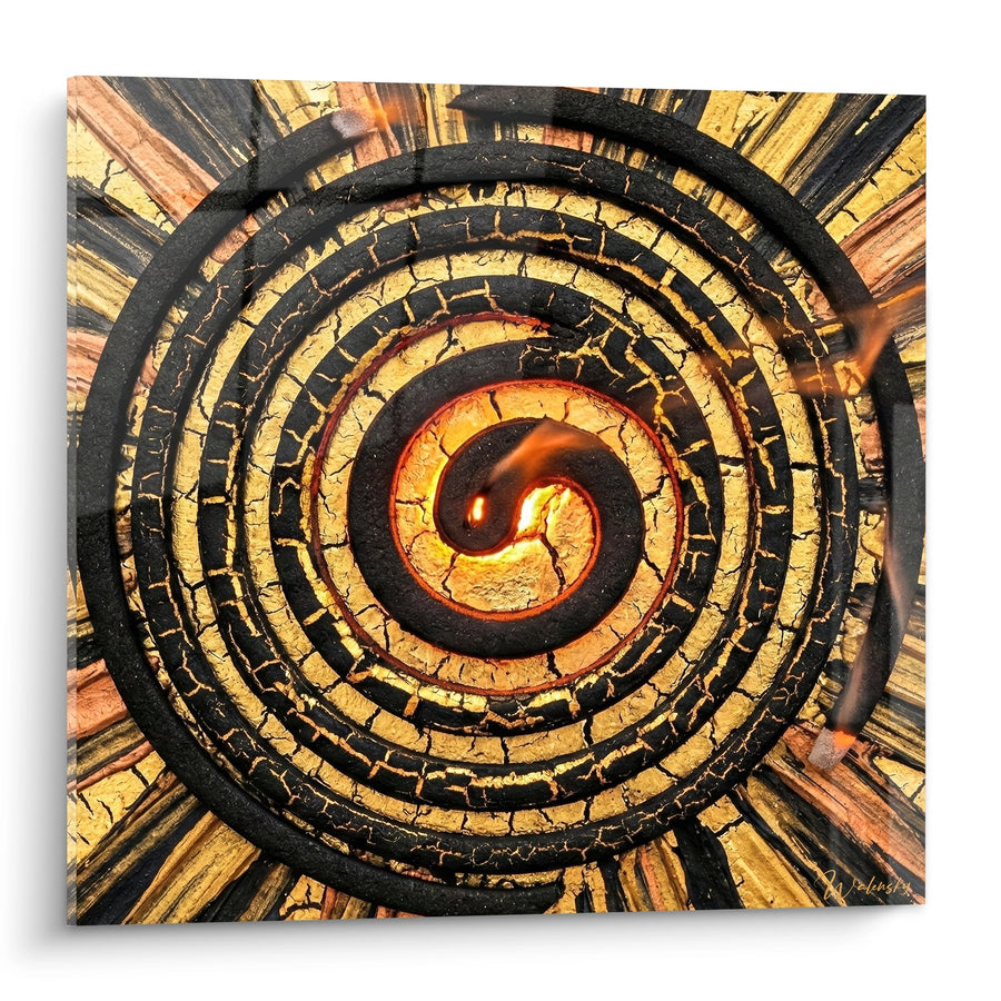 Tableau Spirale de Fumée Dorée et Noire sur Bois Craquelé - Tourbillon Mystique - Edition Encens