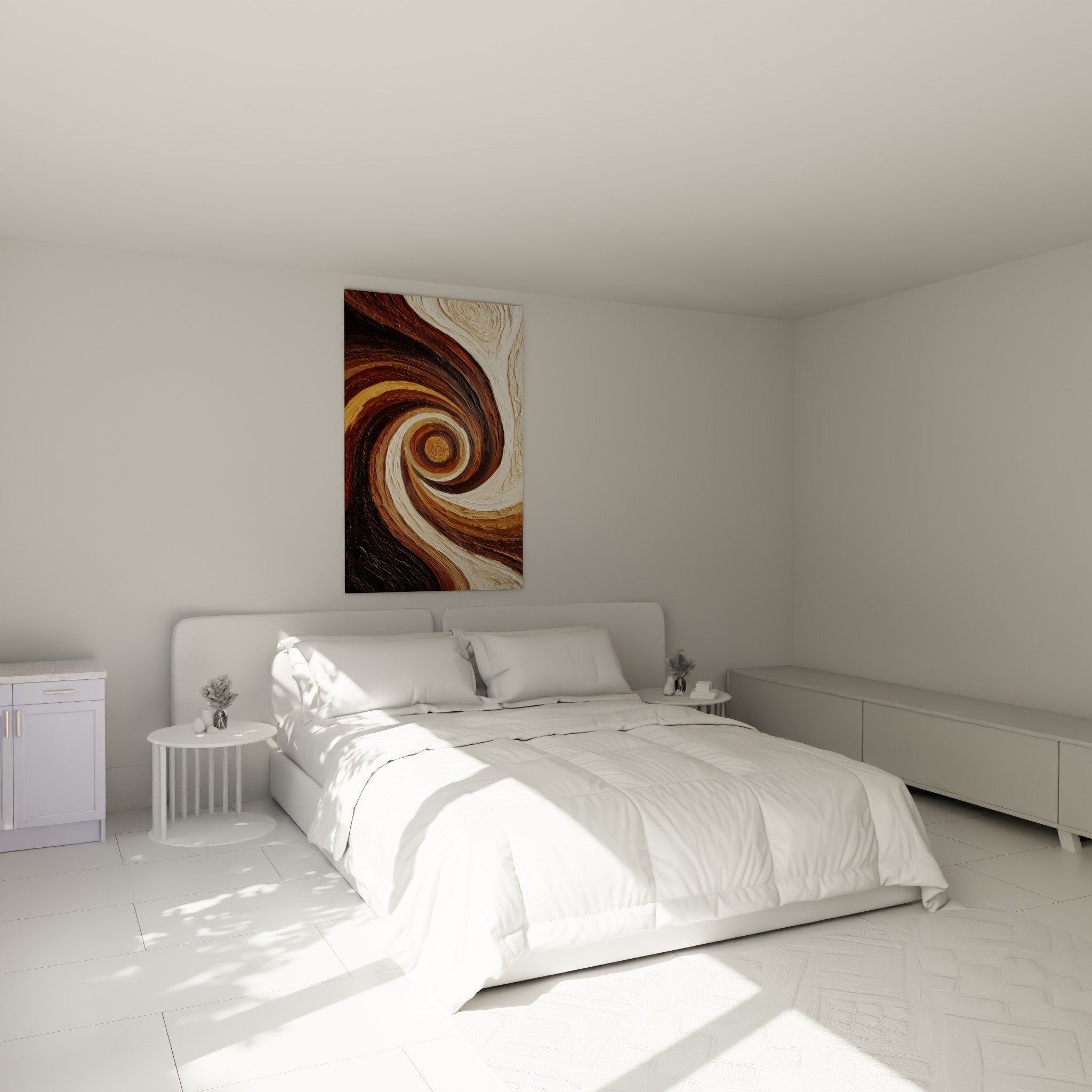 Spirale ocre doree dans chambre mur beige decoration feng shui centre terre ambiance cocooning