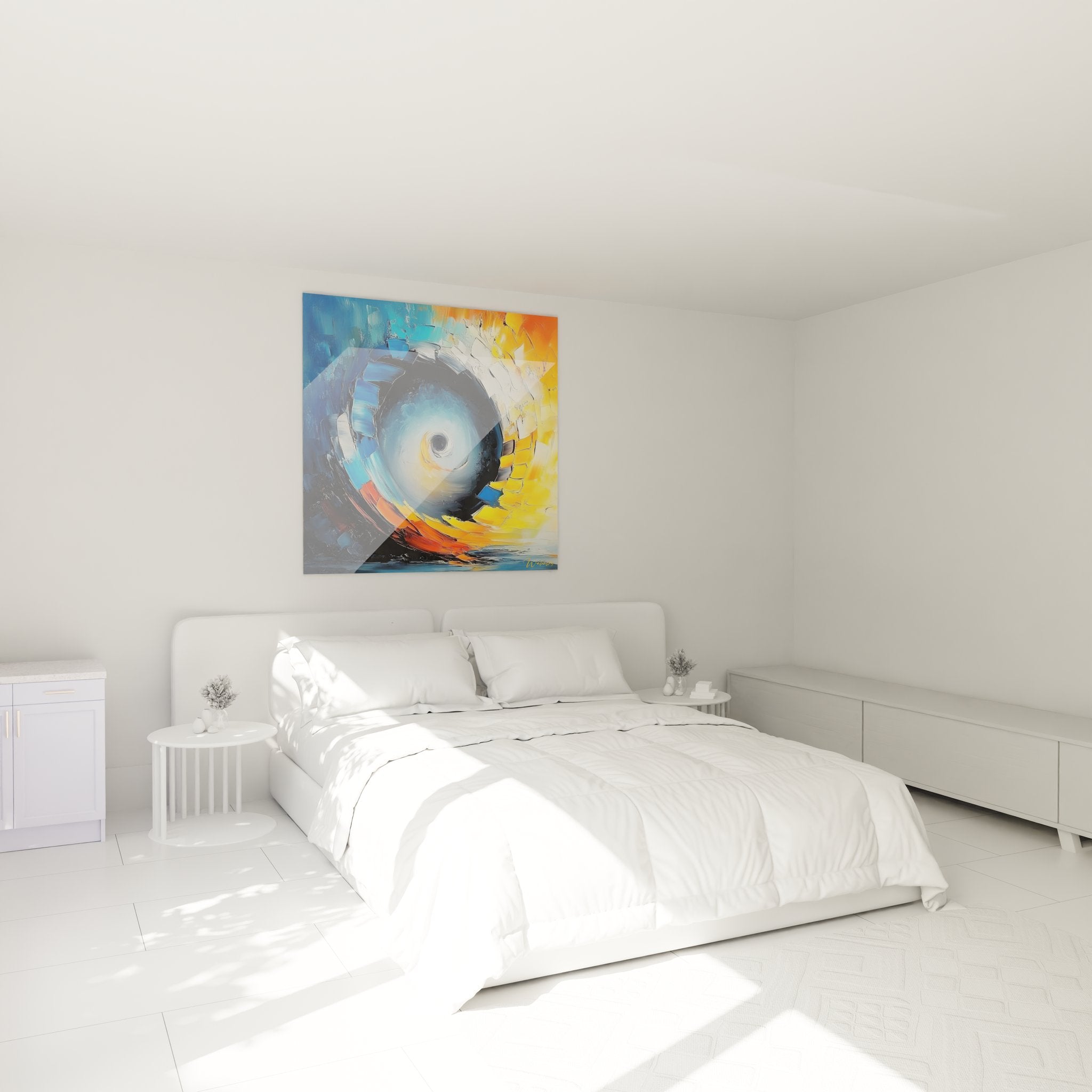 Tableau spirale cosmique orange bleue dans chambre moderne - décoration murale abstraite élégante