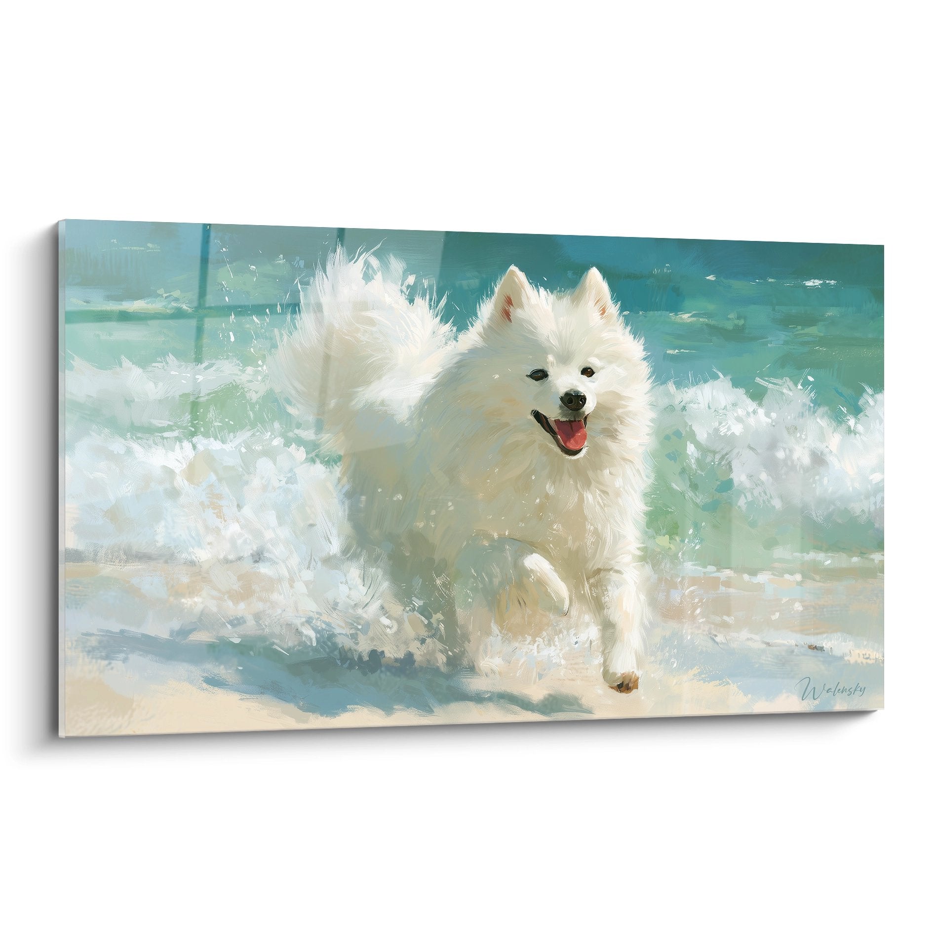Spitz Japonais blanc bondissant dans vagues turquoise avec éclaboussures - tableau art animalier marine