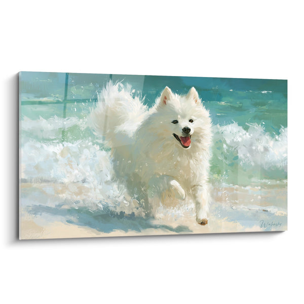 Cuadro Spitz Japonés Saltando en la Espuma Marina - Resplandor Oceánico - Edición Spitz Japonés