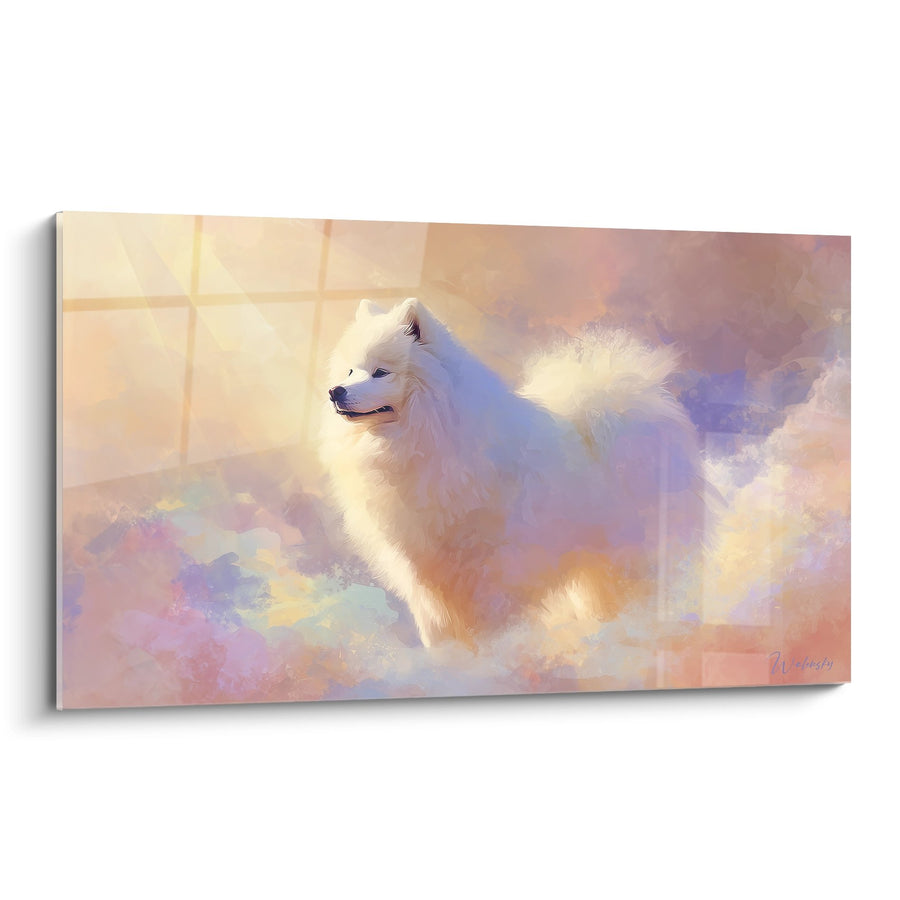 Tableau Spitz Japonais Blanc dans Nuages Pastel Dorés - Rêverie Céleste - Edition Spitz Japonais