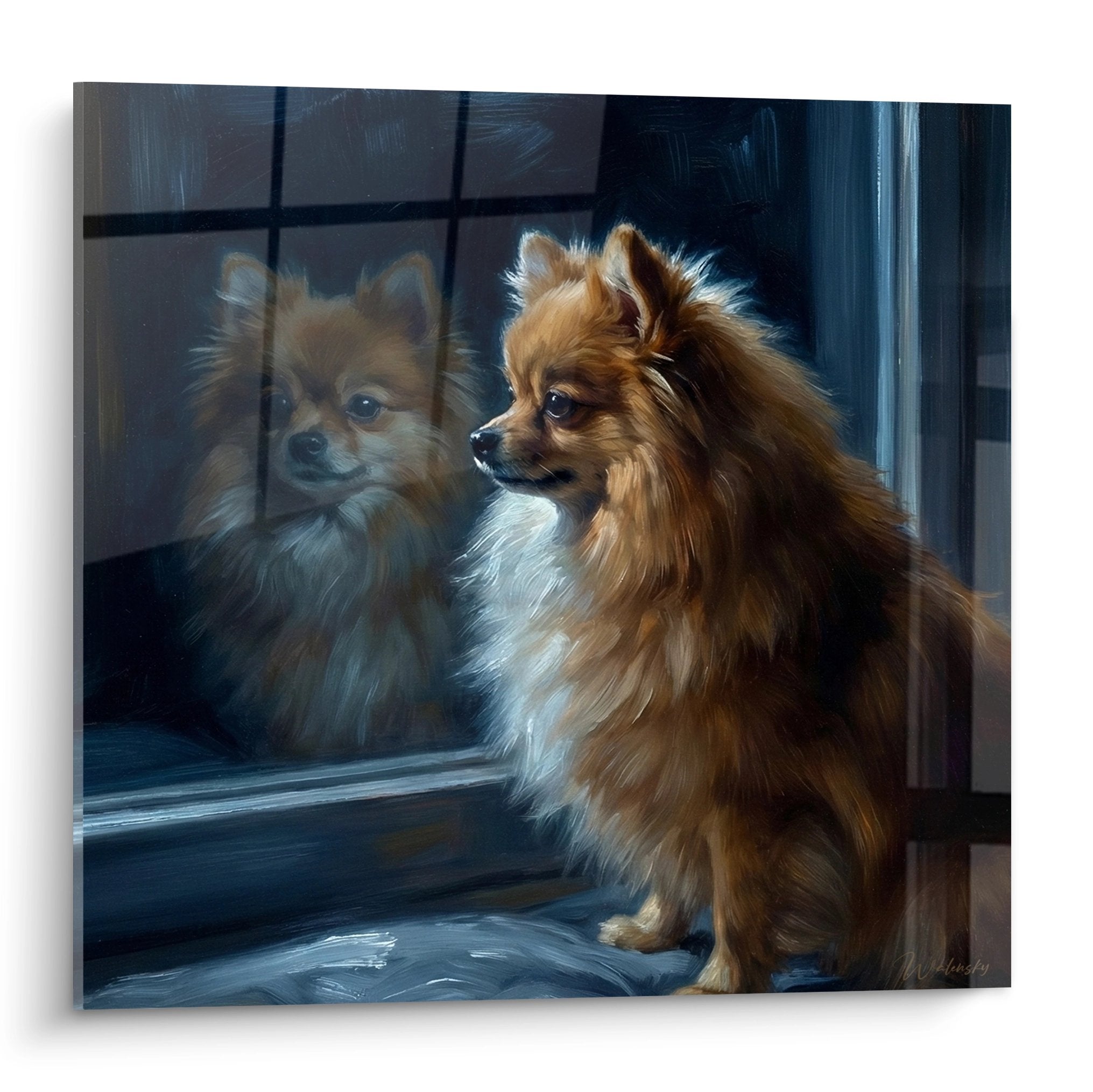 Spitz Pomeranien roux contemplant par la fenetre avec reflet dans la vitre tons dores