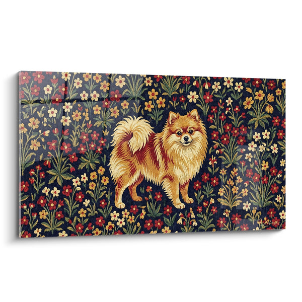 Schilderij Spitz Pomeriaan op Vintage Bloemmotieven - Middeleeuwse Wandtapijt - Editie Spitz Pomeriaan