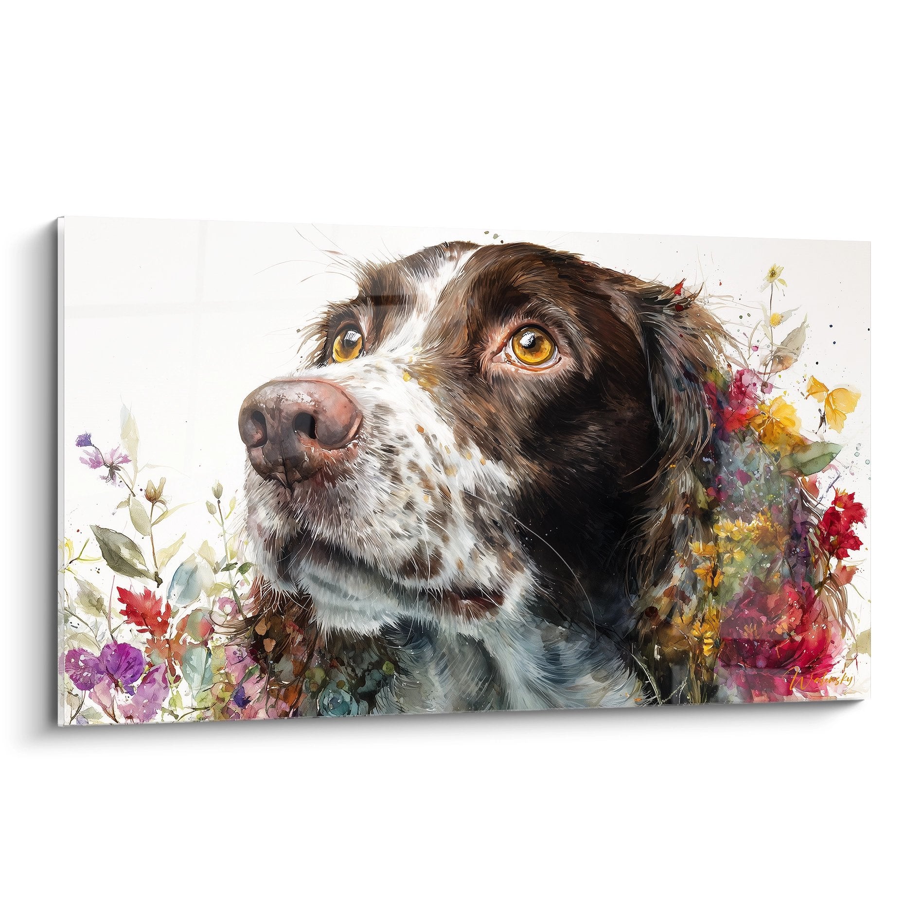 Portrait artistique de Springer Anglais aux yeux dorés entouré de fleurs multicolores style aquarelle