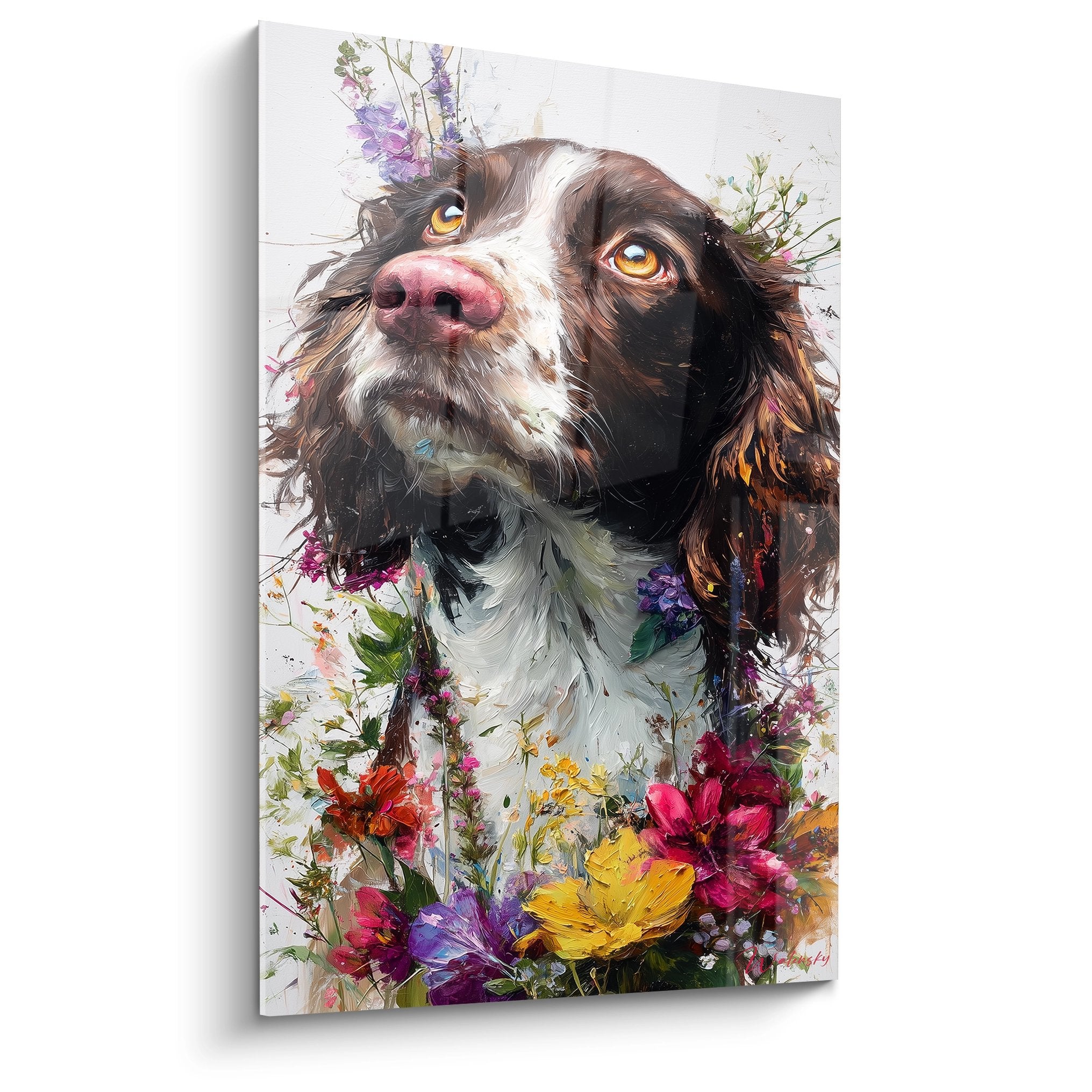 Portrait artistique Springer Anglais aux yeux dorés entouré de fleurs violettes et roses sur fond blanc