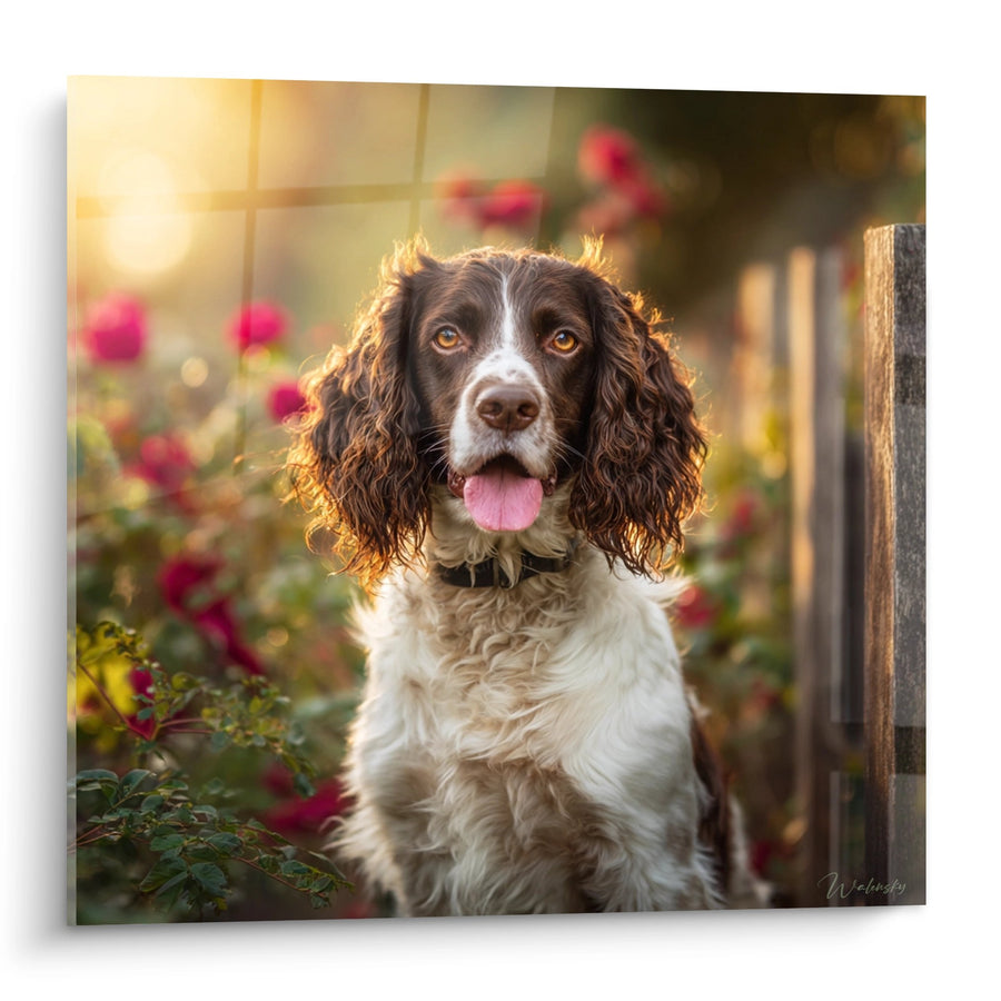 Tableau Chien aux Yeux Dorés dans un Jardin Fleuri - Portrait Lumineux - Edition Springer Anglais