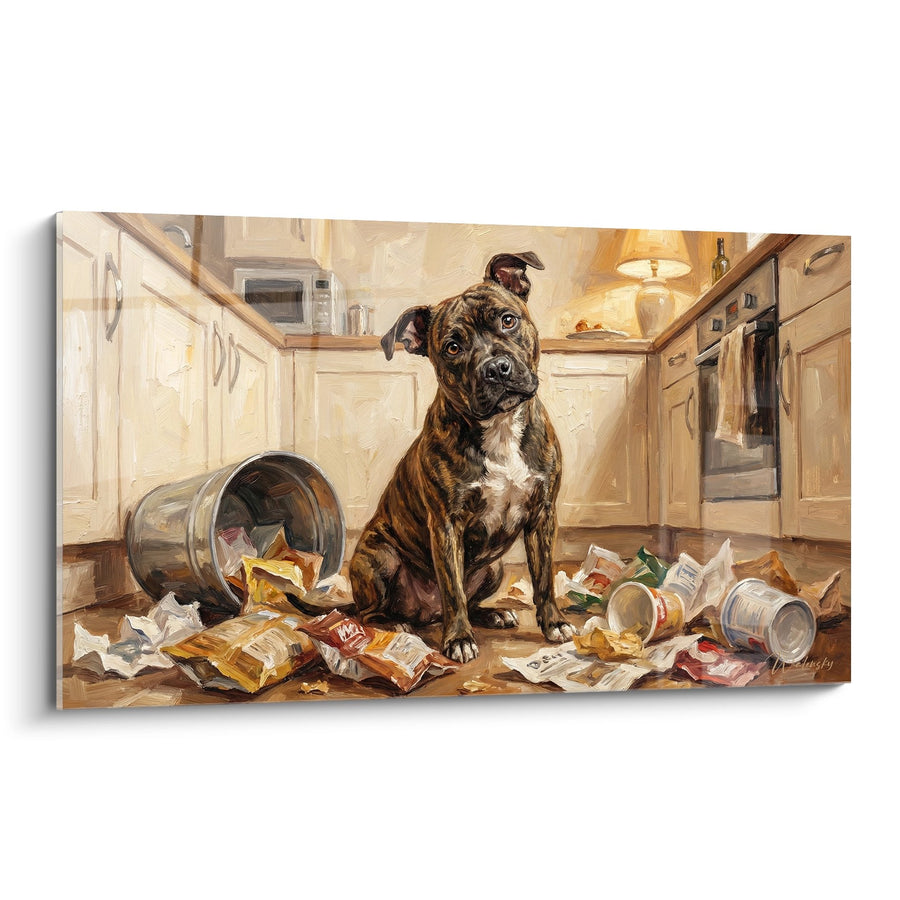 Tableau Chien Brindle Assis Parmi les Détritus de Cuisine - Bêtise Domestique - Edition Staffordshire Bulle Terrier
