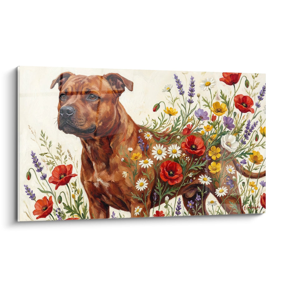 Tableau Staffordshire Bulle Terrier Roux dans Prairie Fleurie - Harmonie Florale - Edition Staffordshire Bulle Terrier