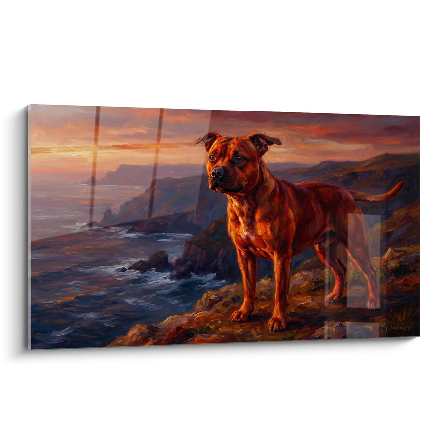 Tableau Chien Roux sur Falaise au Coucher de Soleil - Gardien des Côtes - Edition Staffordshire Bulle Terrier