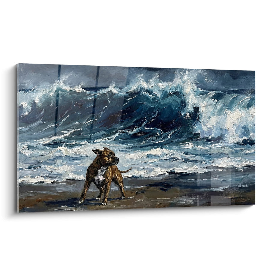 Tableau Chien Brun Face aux Vagues Déchaînées - Courage Maritime - Edition Staffordshire Bulle Terrier