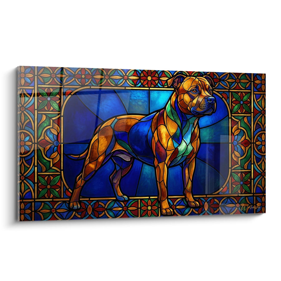 Tableau Chien Vitrail Coloré aux Tons Bleus et Orangés - Mosaïque Lumineuse - Edition Staffordshire Bull Terrier